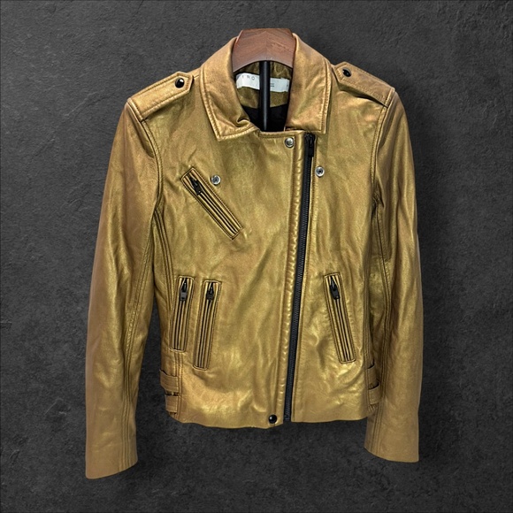 IRO Paris Gold Metallic Leather Moto Jacket Ashville Lambskin Sz 40 Large Rare - Picture 3 of 8